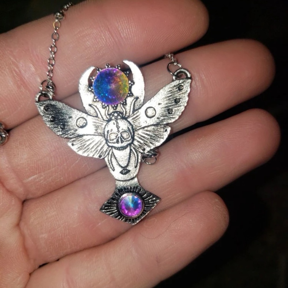 New Stainless Steel Butterfly Skull Rainbow Gemstone Pendant Necklace - Picture 8 of 11